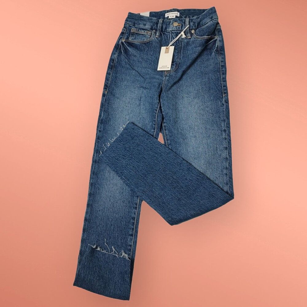 NEW Good American Good Classic Denim Jeans Size 0/25 High Rise Waist Raw Hem -a